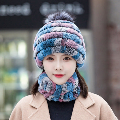 Warm Real Rabbit Fur Ear Flap Hat & Scarf Set