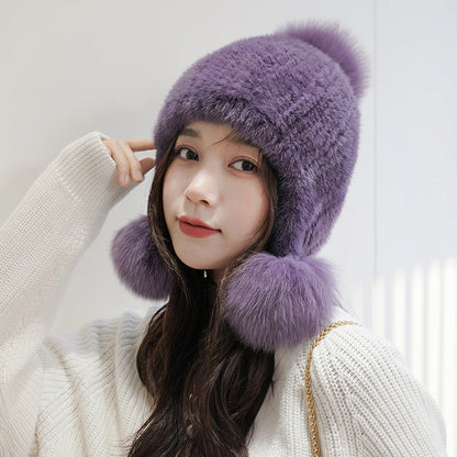 Warm Mink Fur Hat with Fox Fur Pom Pom - Winter Accessory