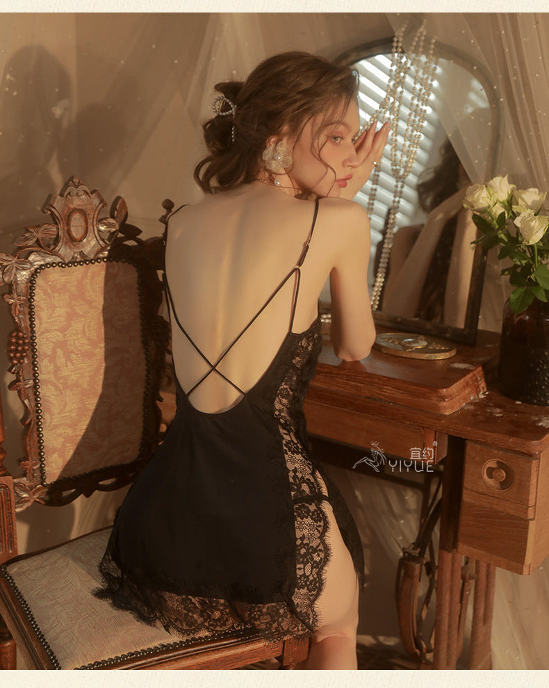 Sexy Hollow Deep V Suspender Lace Nightdress Sexy Lingerie