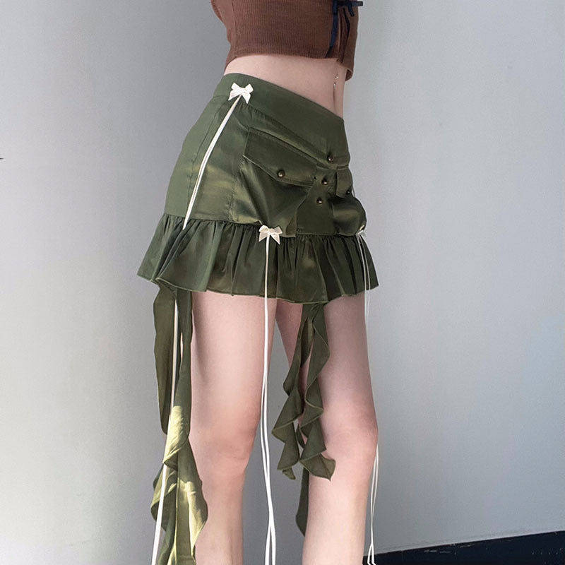 European and American Low Waist Solid Color Bow Pleated Mini Skirt