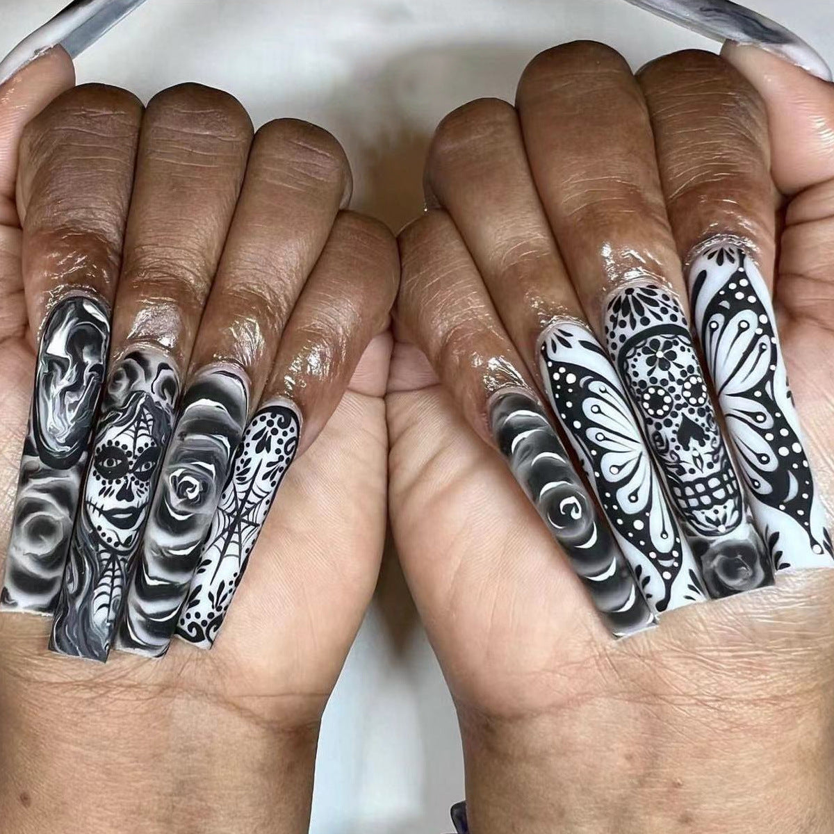 Extra Long Black and White Ombre Nails with Skulls and Flowers