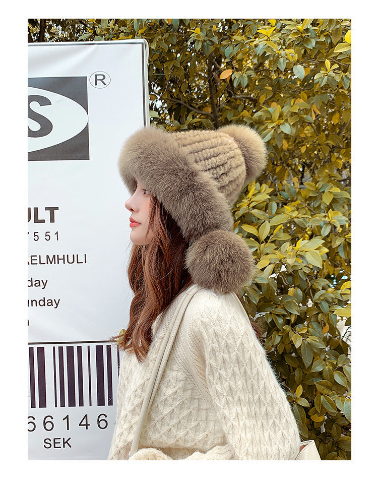 Cute Fox Fur Pom Pom Hat - Women's Winter Ear Flap Hat