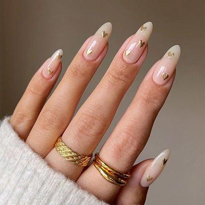 Almond French Nude Heart Fall Nails - Removable Nail Tips