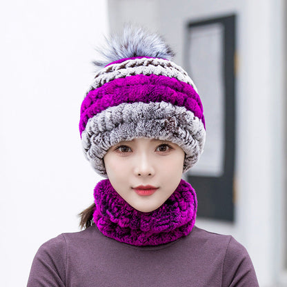 Warm Real Rabbit Fur Ear Flap Hat & Scarf Set