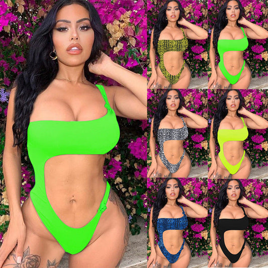 Bikini One-Shoulder Tie-Up Cutout Sexy Solid Color Swimwear