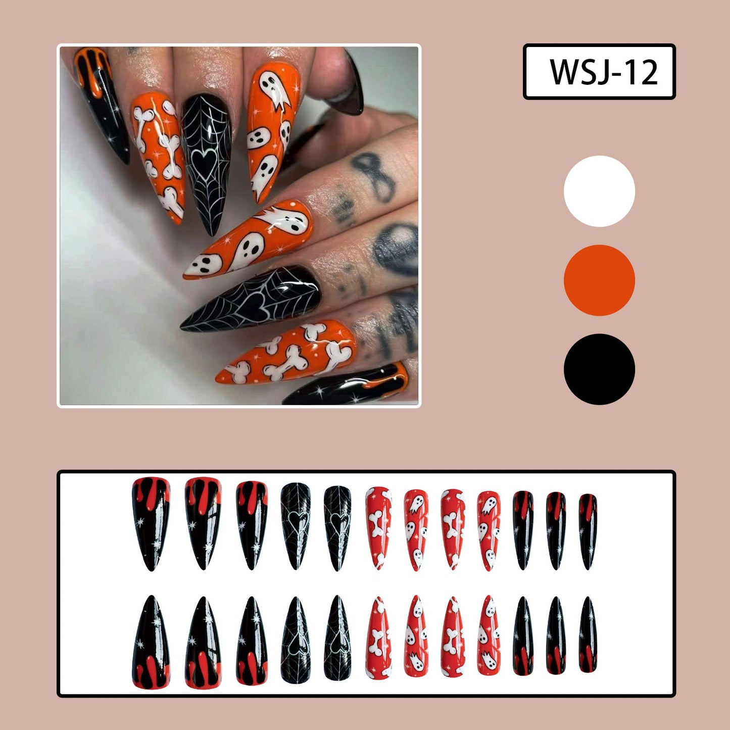 Halloween Long Pointed Black Orange Nails with Skeleton and Spider Web Designs