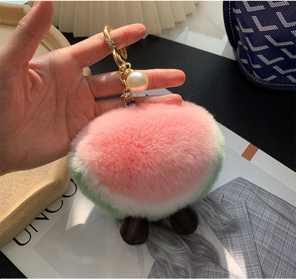 Cute Real Rabbit Fur Watermelon Charm Keychain & Phone Decor