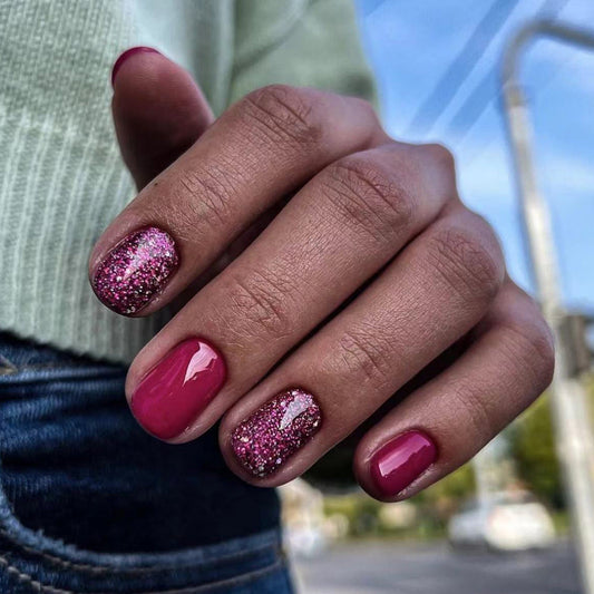 Rose Red Short Oval Luxury Glitter Nails