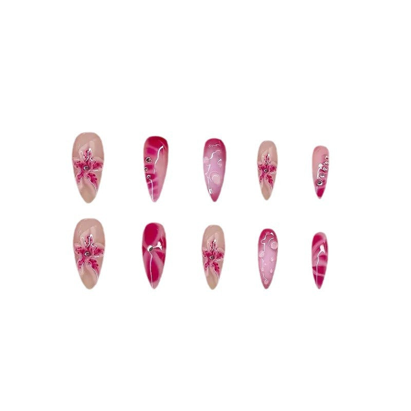 3D Deep Red Flower Pink Gradient Press-On Nails