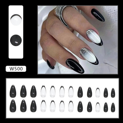 Almond-Shaped Black French Nails, Shiny and Chic-Homeunderwear