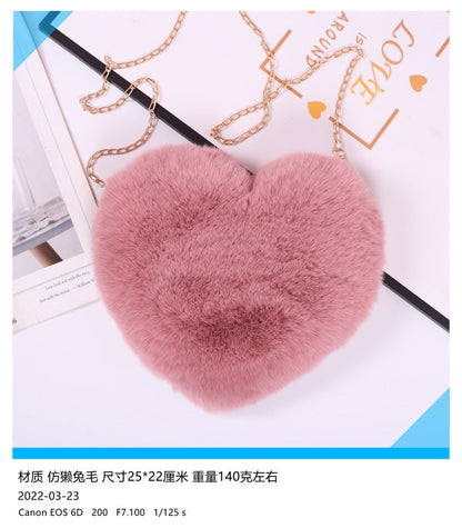 Fashionable Faux Fur Heart-Shaped Bag - Chain Crossbody Purse