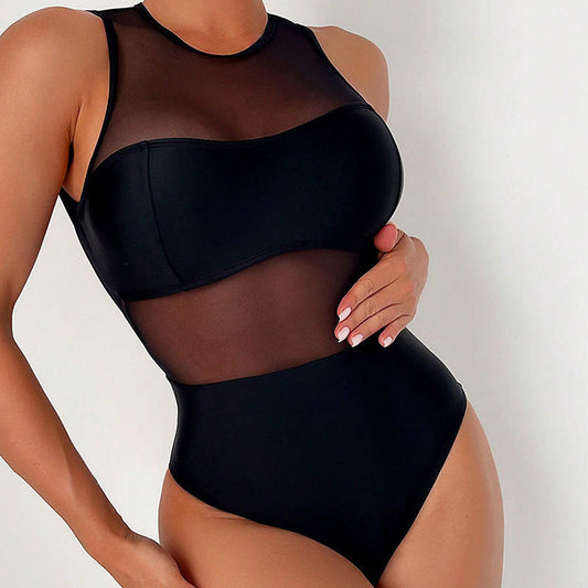 Solid Color Backless Mesh Bikini Swimwear