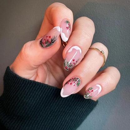 Winter Christmas Pink Transparent Almond Snowflake Tree Nail Tips