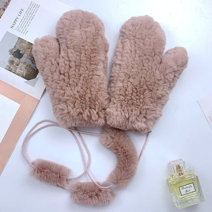 Cute Real Rabbit Fur Mittens - Winter Neck Strap Gloves"