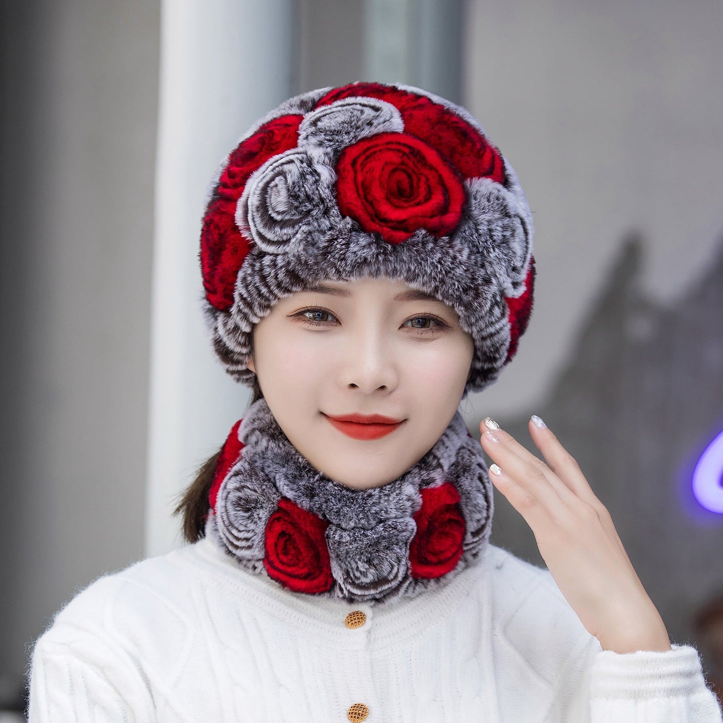 Warm Real Rabbit Fur Ear Flap Hat & Scarf Set