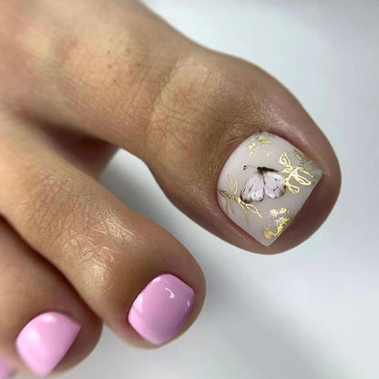 Sweet Pink Nails with Gold Foil Flowers and Butterflies