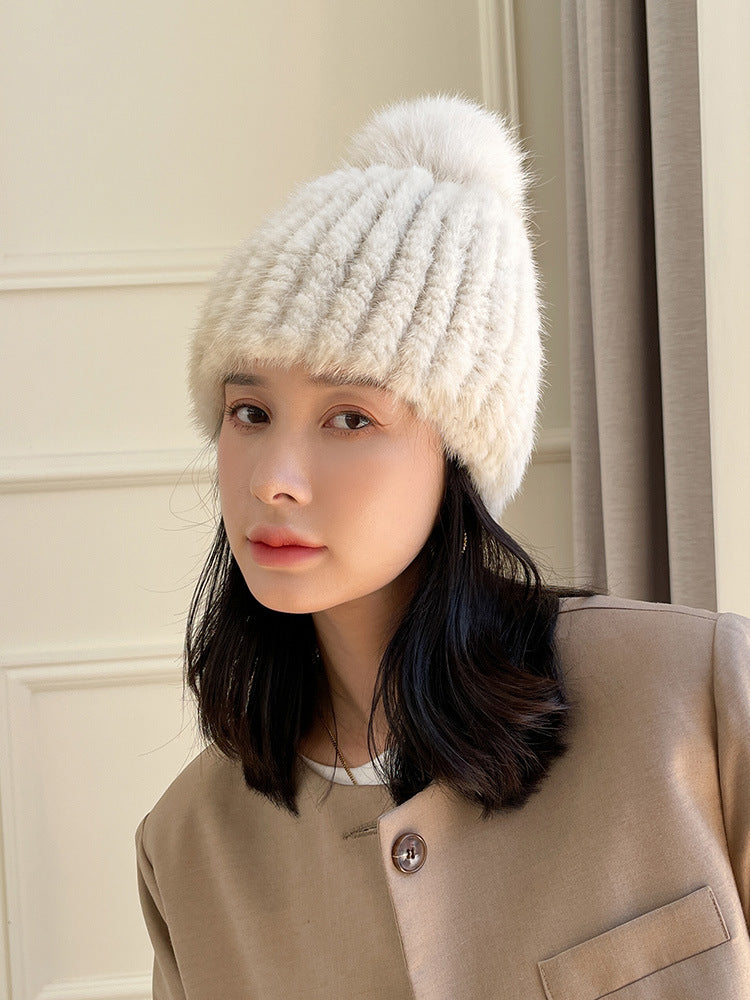 Versatile Mink Fur Knit Winter Hat with Fox Pom Pom