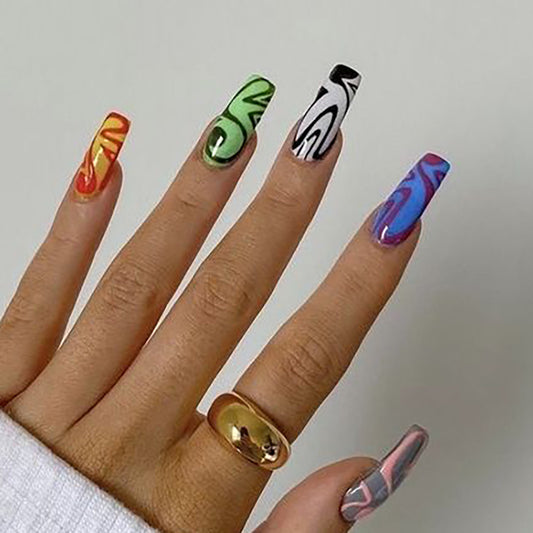 24-Piece Long Graffiti Geometric Nail Extensions, Detachable