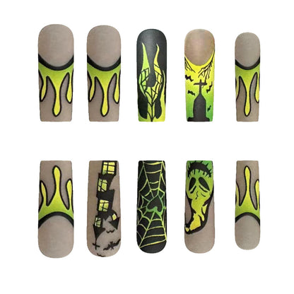 Halloween Brown Matte Nail Tips with Yellow Green Gradient Spooky Design