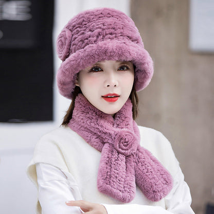 Warm Real Rabbit Fur Hat & Scarf Set - Ear Flap Design