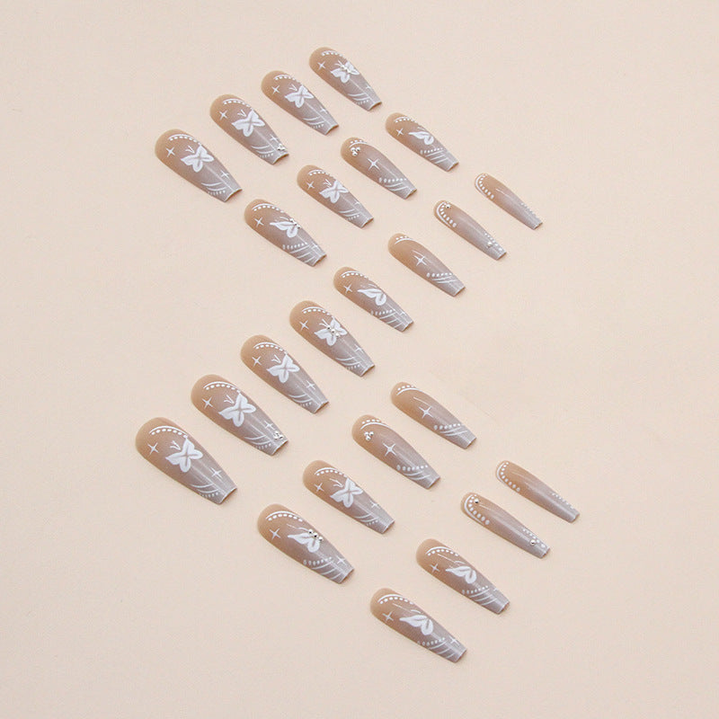 Long White Butterfly Fall Nails, 24-Piece Ins-Style Ballet Set