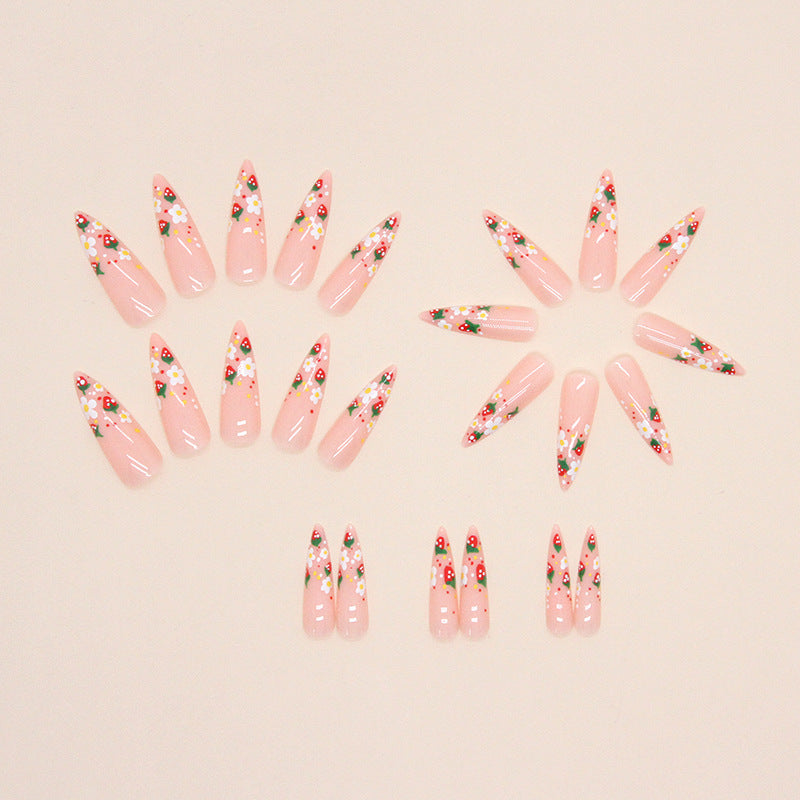 Long Pointed Nails, Sweet Strawberry Floral Design