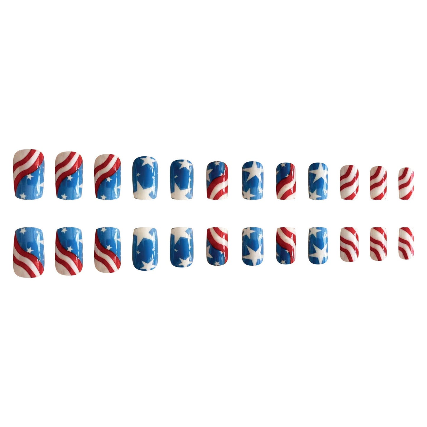 4th of July White Blue Star Line Short Square Nails