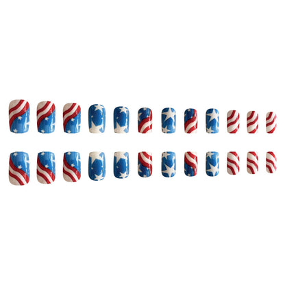 4th of July White Blue Star Line Short Square Nails