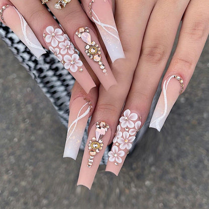 Long Ballet Gradient White Floral Fall Nails: 24-Piece Sparkly Fake Nail Wraps