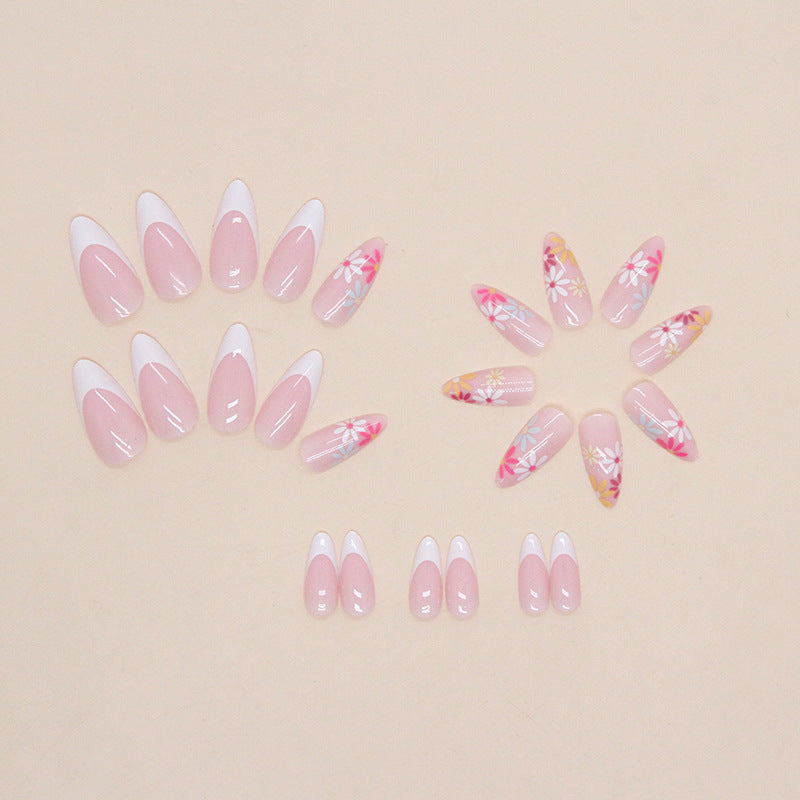 White French Nails, Colorful Flower Minimalist Almond Shape