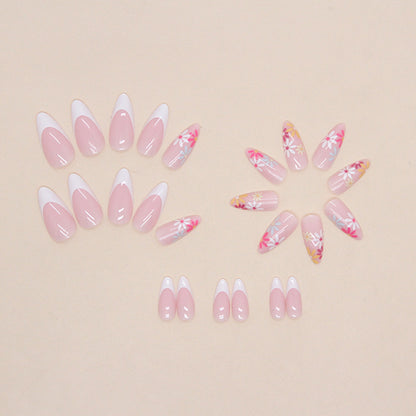 White French Nails, Colorful Flower Minimalist Almond Shape