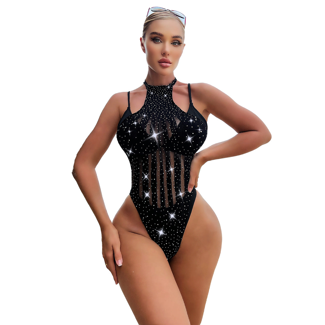 Sexy Ins Bikini Suspenders Bright Diamond Black Fishnet Stripes Bodysuit Lingerie