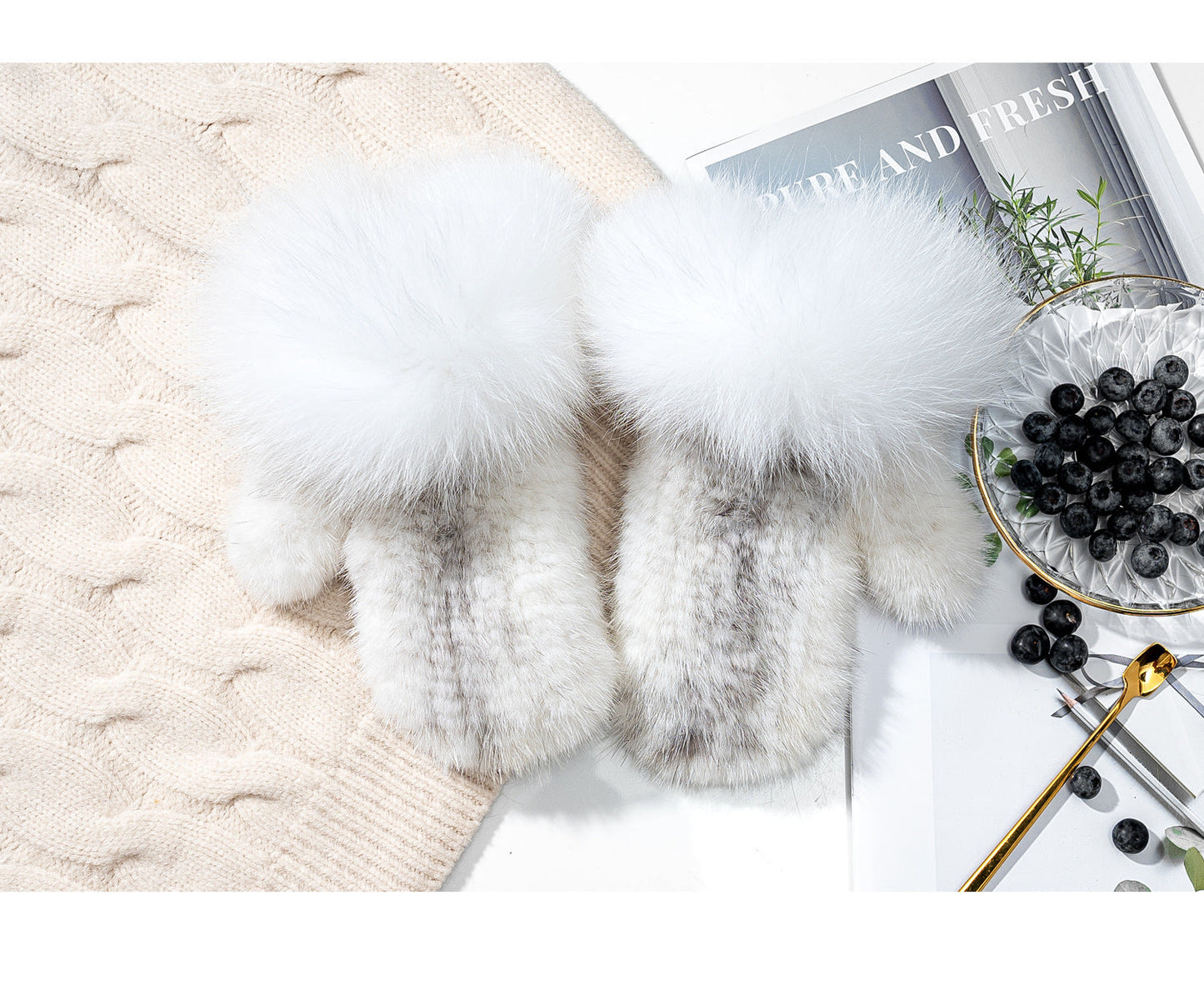 Warm Genuine Fur Lined Mittens with Real Rabbit Fur Trim