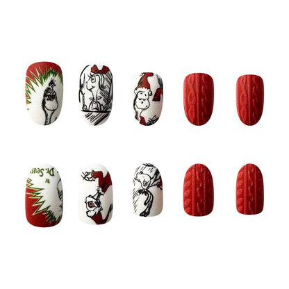 Christmas Black Red Grinch Cartoon Oval Matte Nails