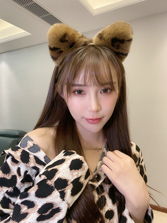 Cute Real Rabbit Fur Cat Ear Headband - Leopard Print