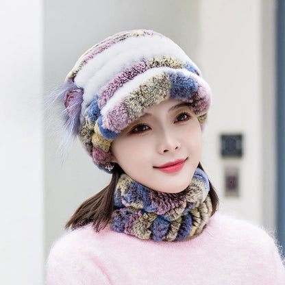 Winter Real Rabbit Fur Cap & Scarf Set - Mom Hat