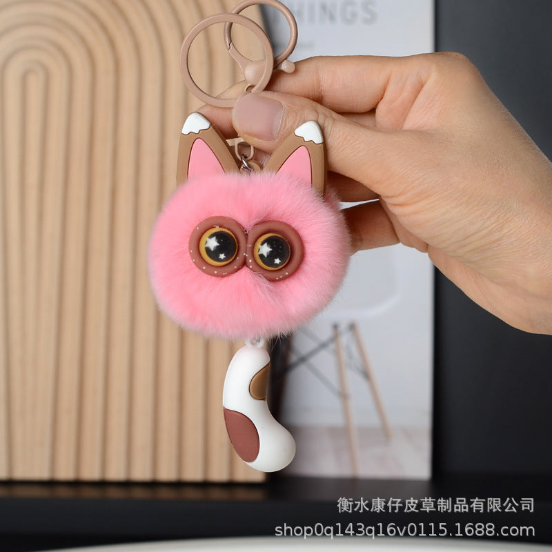 Cute Faux Rabbit Fur Cat Keychain - Car Charm