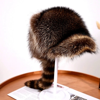 Warm Raccoon Fur Hat with Ear Flaps