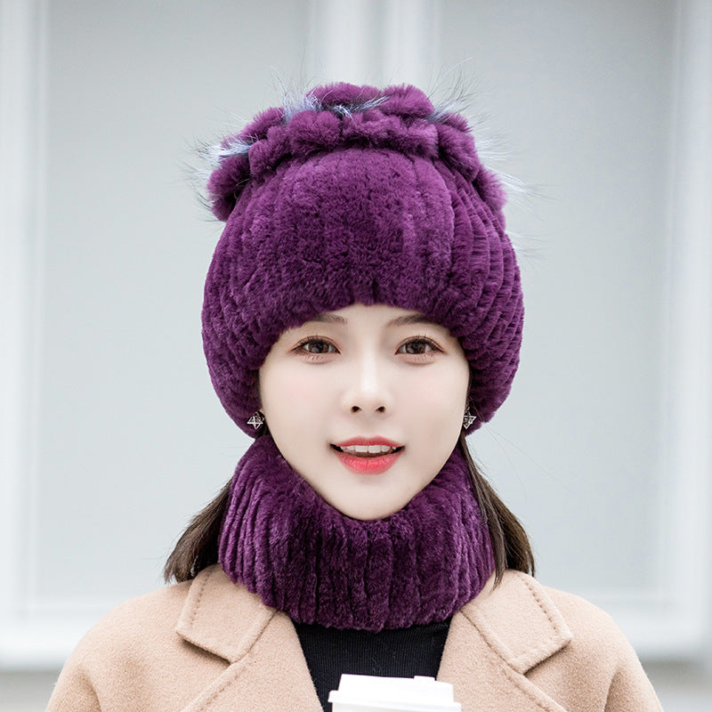 Warm Real Rabbit Fur Ear Flap Hat & Scarf Set