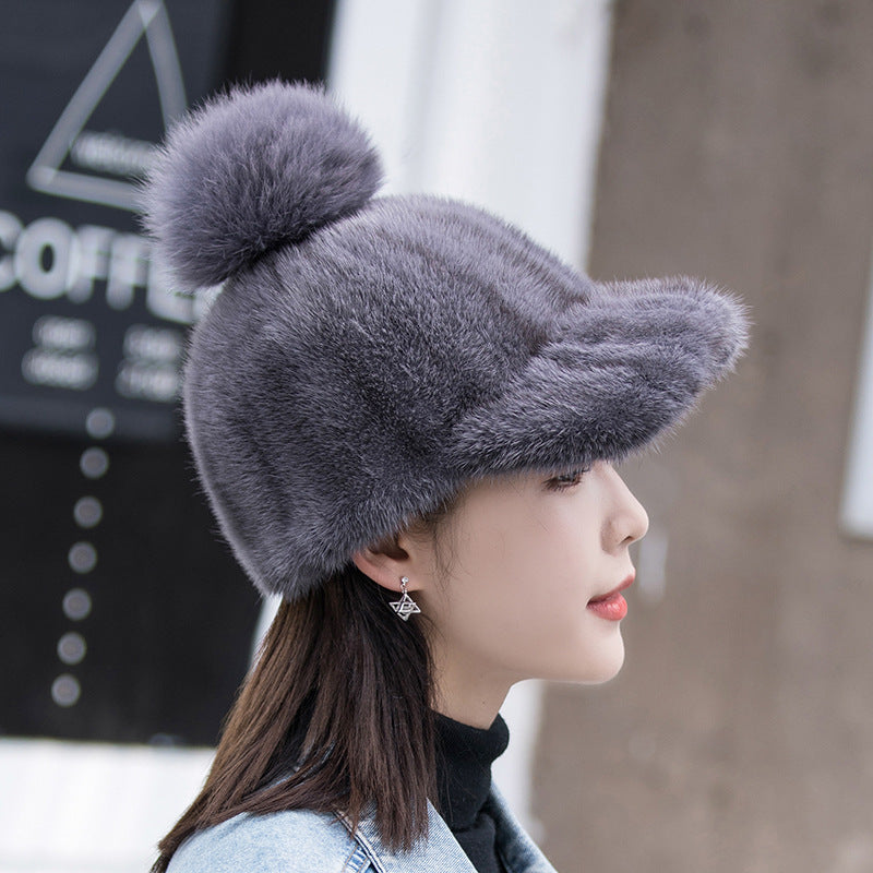 Warm Mink Fur Hat - Fox Pom Pom Baseball Cap