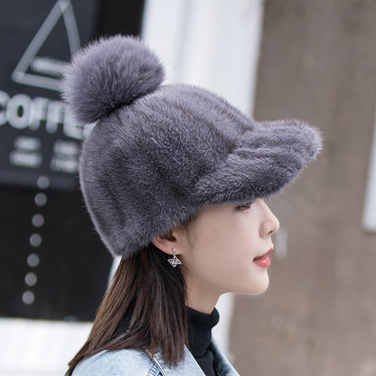 Warm Mink Fur Hat - Fox Pom Pom Baseball Cap