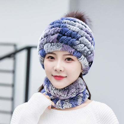 Warm Real Rabbit Fur Ear Flap Hat & Scarf Set