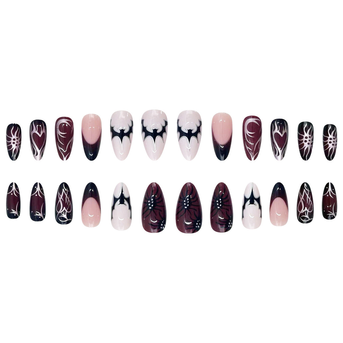 Almond Halloween Punk Metal Black Red Gradient Bat Spider Nail Tips