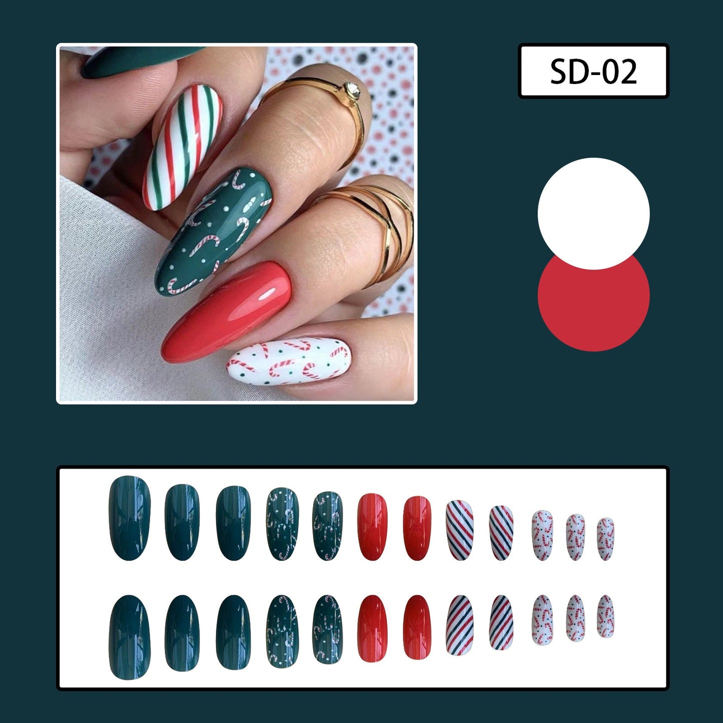 Cute Christmas Candy Cane Nails with Red White Green Stripes