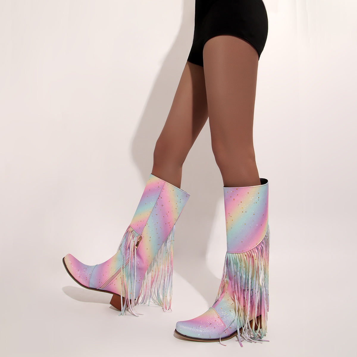 Fantasy Fringe Patchwork High-Top Chunky Heel Fashion Boots-Homeunderwear