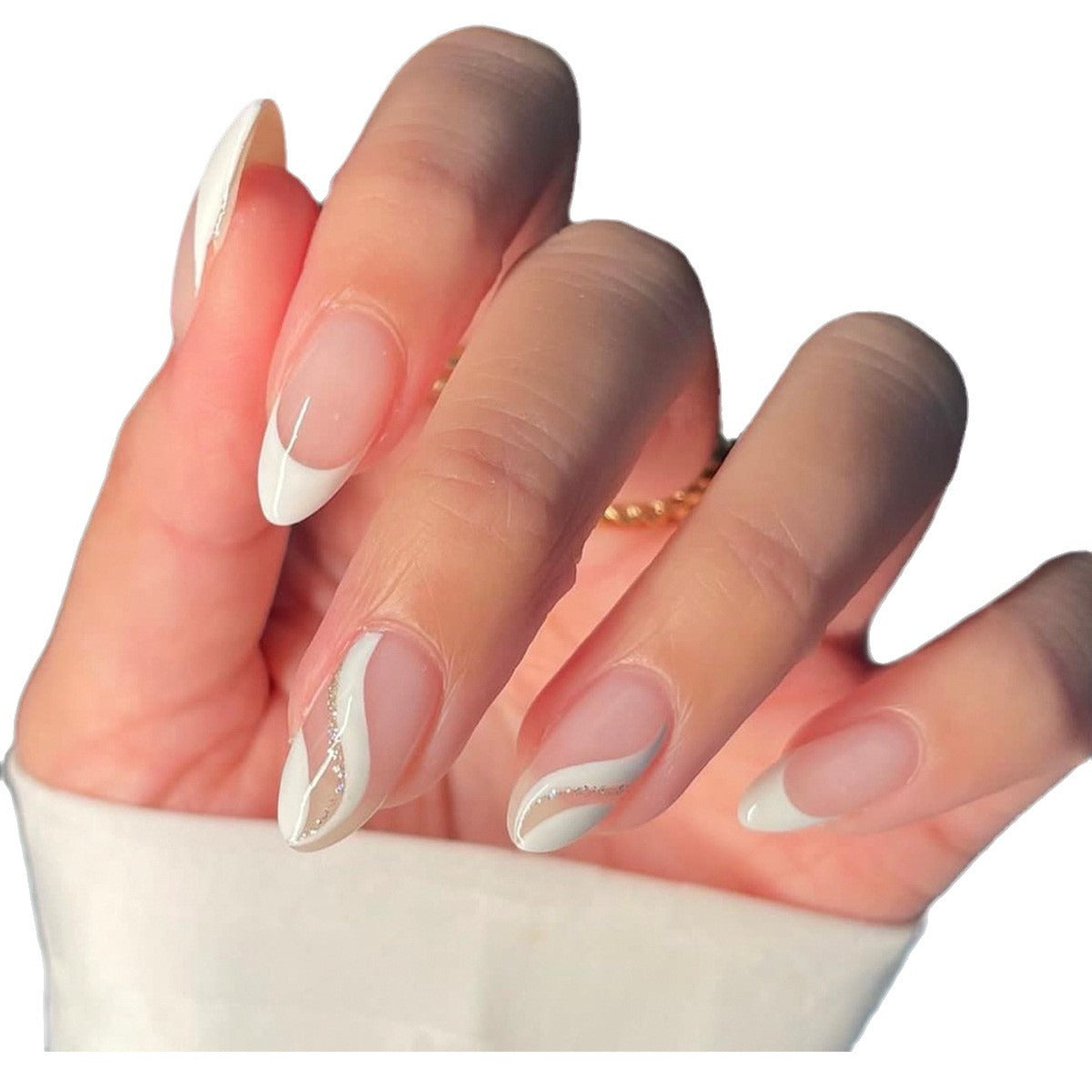 Almond Shaped Wave White Glitter French Removable Fall Nails