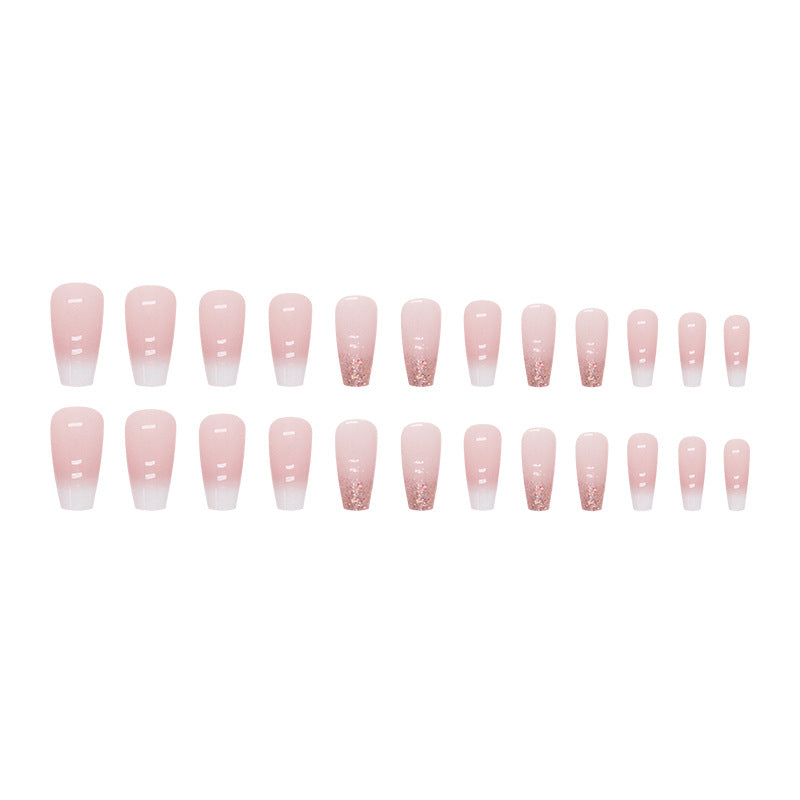 Mid-Length Ballet Nails, Gradual White French with Pink Glitter