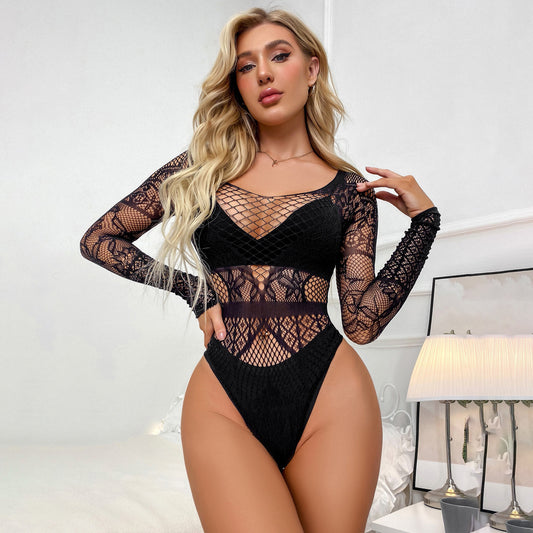 Sexy Transparent One-piece Lingerie Flirting Fishnet Uniform Pajamas