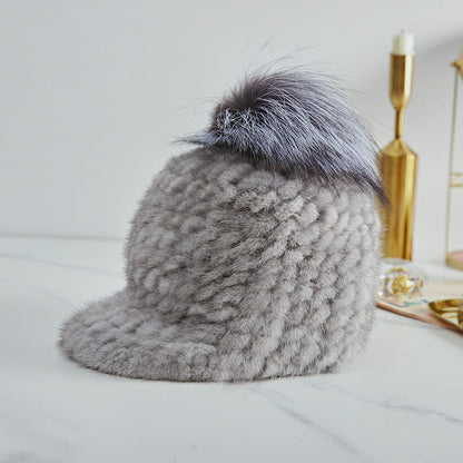 Stylish Mink Fur Cap with Fox Pom Pom - Winter Accessory