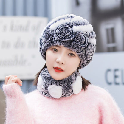 Warm Real Rabbit Fur Ear Flap Hat & Scarf Set